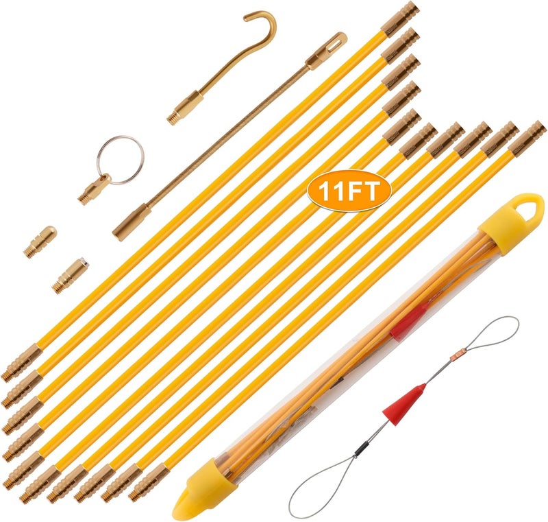 KOOTANS 11FT Fiberglass Running Electrical Wire Cable Glow Rods Wire Pulling Tools Fish Tape Cable Puller Through Wall Snake Fish Rods Kit with Different Attachments - Image 1
